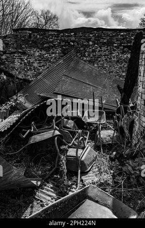 Arson damaged Farm building - Black and White Photograph Stock Photo