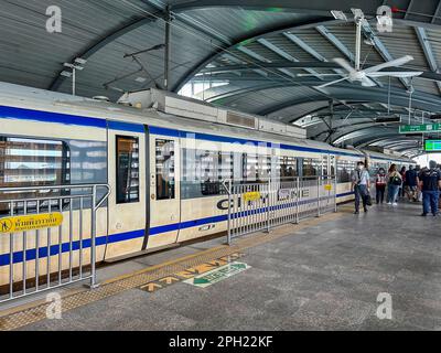 Bangkok, Thailand, Platform, inside Sky Train, Elevated Metro, Public Transportation in City Center Traveling in Station Stock Photo