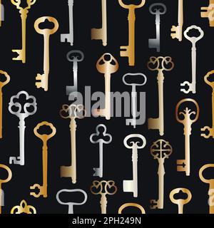Vintage seamless pattern with different antique keys in gold and silver metal on black background. Stock Vector
