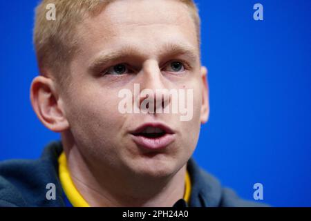 Ukraine's Oleksandr Zinchenko during a press conference at Wembley Stadium, London. Picture date: Saturday March 25, 2023. Stock Photo