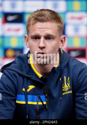 Ukraine's Oleksandr Zinchenko during a press conference at Wembley Stadium, London. Picture date: Saturday March 25, 2023. Stock Photo