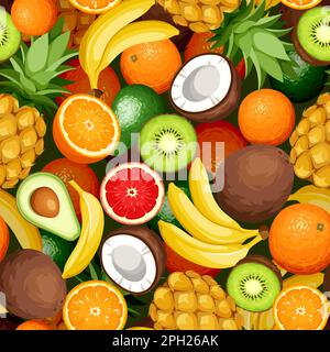 Seamless background with tropical fruit (avocado, banana, coconut, kiwi, orange, pineapple) on a black background. Vector seamless pattern Stock Vector