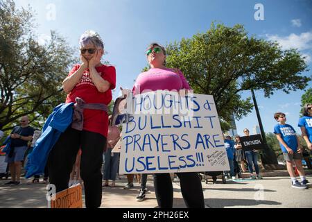 Austin, Texas, USA. 25th Mar, 2023. TONI URBAN, l, and JULIE SANDERS of Canyon Lake, TX stand at the south steps of the Capitol Saturday, March 26th at the 5th anniversary of March for Our Lives honoring victims in The Marjory Stoneman Douglas high school mass shooting that occurred Feb. 14, 2018. Credit: Bob Daemmrich/Alamy Live News Stock Photo