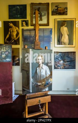 Huguette Clark's art studio with a self portrait of Huguette inside Bellosguardo, the Clark Mansion, in Santa Barbara. Stock Photo