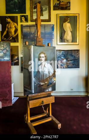 Huguette Clark's art studio with a self portrait of Huguette inside Bellosguardo, the Clark Mansion, in Santa Barbara. Stock Photo