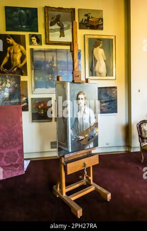 Huguette Clark's art studio with a self portrait of Huguette inside Bellosguardo, the Clark Mansion, in Santa Barbara. Stock Photo