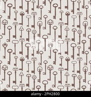 Vintage seamless pattern with different antique keys in on vintage background. Stock Vector