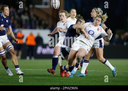 Newcastle on Saturday 25th March 2023. Marlie Packer of England is tackled during the Tik Tok Women's Six Nations match between England Women and Scotland Women at Kingston Park, Newcastle on Saturday 25th March 2023. (Photo: Chris Lishman | MI News) Credit: MI News & Sport /Alamy Live News Stock Photo