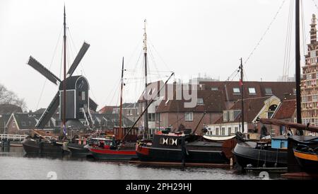 Windmill De Put, modern replica of 17th-century mill, view across Galgewater section of the Old Rhine, Leiden, Netherlands Stock Photo