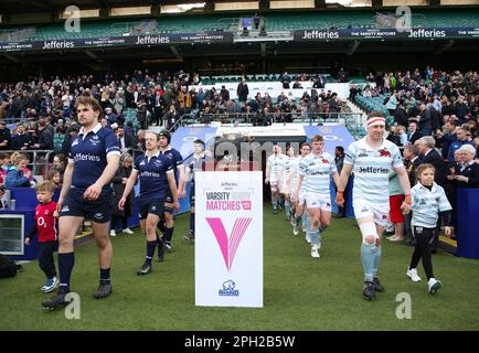 The teams walk out of the tunnel for the 2023 Men's Varsity match at Twickenham Stadium, London. Picture date: Saturday March 25, 2023. Stock Photo