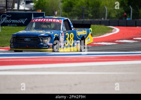 The Americas. 25th Mar, 2023. Zane Smith (38) with Front Row Motorsports, takes the win XPEL 225 NASCAR Craftsman Truck Series at the EchoPark Automotive Grand Prix, Circuit of The Americas. Austin, Texas. Mario Cantu/CSM/Alamy Live News Stock Photo