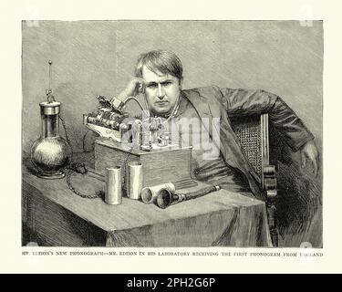 Vintage illustration of Thomas Edison and the phonograph, receiving first phonogram from England, 19th Century. Stock Photo