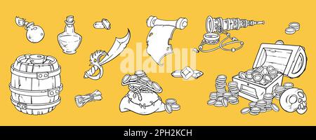 Pirate set with treasure chest, map, skull, rum burrel, sack with coins and other pirate belongings. Sketch vector illustration isolated on yellow Stock Vector