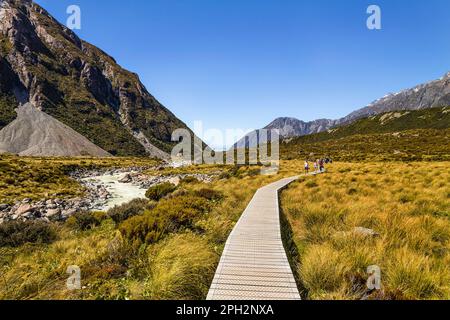 Boardwalk in Hooker valley along Tasman river at Mt Cook national park of New Zealand. Stock Photo