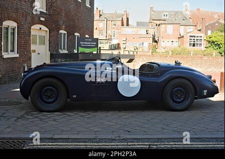 Blue Jaguar XK40 vintage sports car, side view Stock Photo