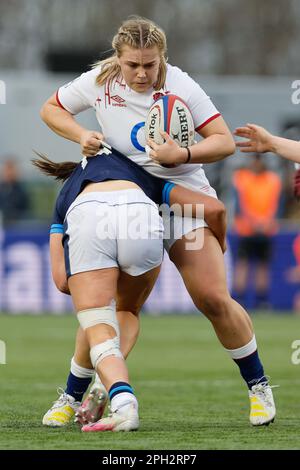 Newcastle on Saturday 25th March 2023. Mackenzie Carson of England is tackles during the Tik Tok Women's Six Nations match between England Women and Scotland Women at Kingston Park, Newcastle on Saturday 25th March 2023. (Photo: Chris Lishman | MI News) Credit: MI News & Sport /Alamy Live News Stock Photo