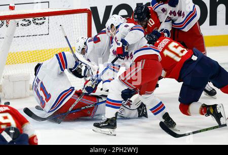 New York Rangers goaltender Jaroslav Halak (41) skates back to the net  before play resumes in the second period of an NHL hockey game, Wednesday,  Oct. 26, 2022, in Elmont, N.Y. (AP
