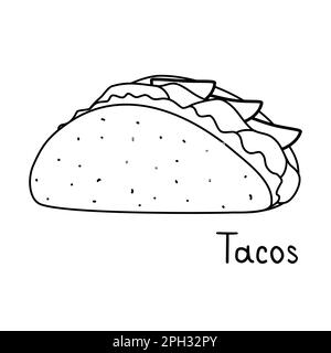 Tacos with tortilla shell Mexican lunch, doodle style flat vector outline illustration for kids coloring book Stock Vector