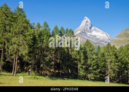 The Matterhorn peak over the Mattertal valley. Stock Photo