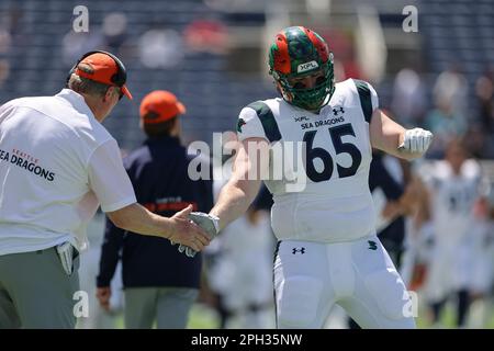 March 25, 2023: Seattle Sea Dragons quarterback BEN DINUCCI (6) looks to  pass the ball during the Orlando Guardians vs Seattle Sea Dragons XFL game  at Camping World Stadium in Orlando, Fl