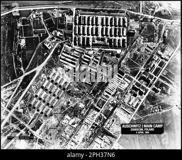 An aerial reconnaissance photograph of the Auschwitz concentration camp showing the Auschwitz I camp, 4 April 1944 Stock Photo