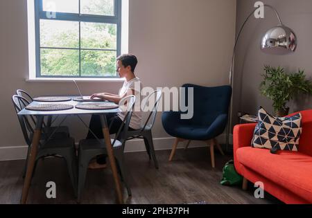 Woman working on her laptop in a stylish apartment Stock Photo