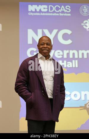 Queens Borough Hall, New York, USA, March 25, 2023 - New York City Mayor Eric Adams deliver remarks at a New York City Government Hiring Hall today Queens, New York. Photo: Luiz Rampelotto/EuropaNewswire Stock Photo