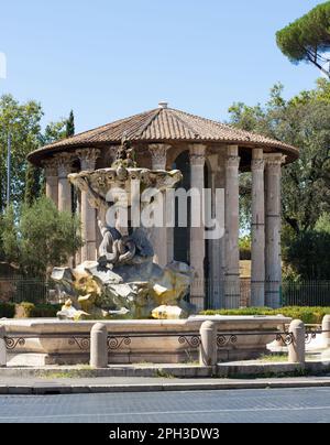 Rome - Vesta and Frotuna temple and fountain Fontana dei Tritoni on the Piazza di Bocca della Verita Stock Photo