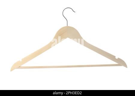 Empty wooden hanger isolated on white. Wardrobe accessory Stock Photo