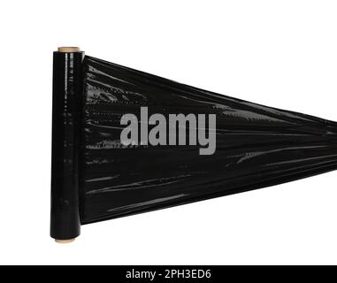 Roll of black plastic stretch wrap on white background Stock Photo