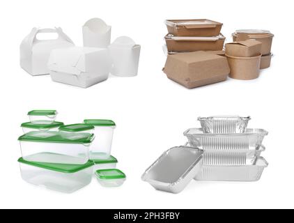 Set with different containers for food on white background Stock Photo