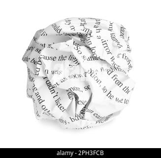 Crumpled sheet of paper with printed text isolated on white Stock Photo