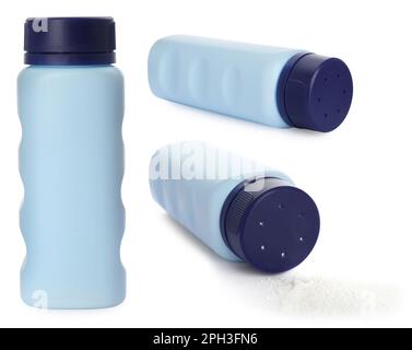 Set of baby powder bottles on white background Stock Photo