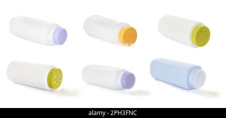 Set of overturned baby powder bottles on white background, banner design Stock Photo