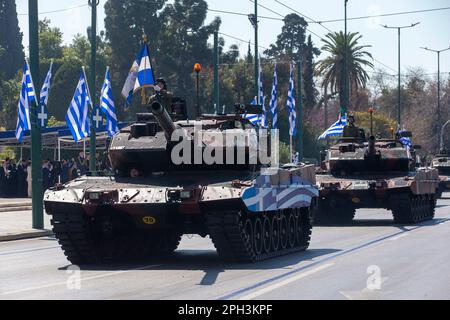 Athens, Greece. 25th Mar, 2023. Military vehicles attend a military parade commemorating the Greek Independence Day in Athens, Greece, March 25, 2023. Credit: Marios Lolos/Xinhua/Alamy Live News Stock Photo