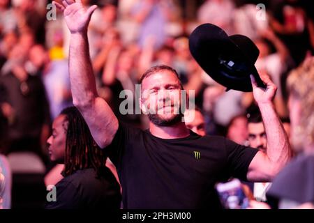 San Antonio, Texas, USA. 25th Mar, 2023. SAN ANTONIO, TEXAS - March 25: Donald 'Cowboy'' Cerrone reacts to his induction in to the UFC Hall of Fame for 2023 as it's announced at AT&T Center for UFC Fight Night - Vera vs Sandhagen - Ceremonial on March 25, 2023 in SAN ANTONIO, United States. (Credit Image: © Louis Grasse/PX Imagens via ZUMA Press Wire) EDITORIAL USAGE ONLY! Not for Commercial USAGE! Credit: ZUMA Press, Inc./Alamy Live News Stock Photo