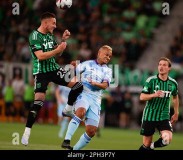 Austin, Texas, USA: March 25, 2023: Austin FC defender Å½an KolmaniÄ (23) leaps to head the ball against Colorado Rapids forward Michael Barrios (12) during a Major League Soccer match on March 25, 2023 in Austin, Texas. (Credit Image: © Scott Coleman/ZUMA Press Wire) EDITORIAL USAGE ONLY! Not for Commercial USAGE! Credit: ZUMA Press, Inc./Alamy Live News Stock Photo