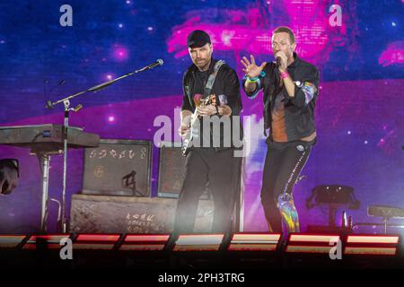 Rio De Janeiro, Brazil. 25th Mar, 2023. Coldplay is a British alternative rock band. Bringing together vocalist and pianist Chris Martin, guitarist Jonny Buckland, bassist Guy Berryman and drummer Will Champion, during coverage of the show at Estádio Nilton Santos, in the north of the city, on Saturday night, 23. (Photo: Jayson Braga/Brazil Photo Press) Credit: Brazil Photo Press/Alamy Live News Stock Photo