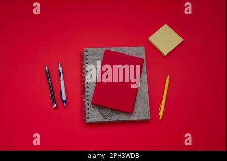 Office supplies stationery on a red background Stock Photo