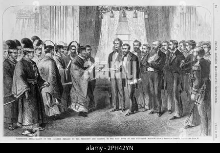 Washington. Presentation of the Japanese Embassy to the President and Cabinet, in the East Room of the Executive Mansion. Artist James E. Taylor (1839-1901). Published on Frank Leslie's illustrated newspaper on March 23,1872. Scene of the Japanese diplomatic delegation Iwakura Mission presenting documents to President Grant and his cabinet. Stock Photo