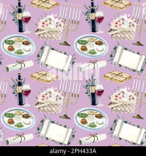 Passover seamless pattern with watercolor symbols, flowers, red wine, menorah, matzah, seder plate on pink background. Stock Photo