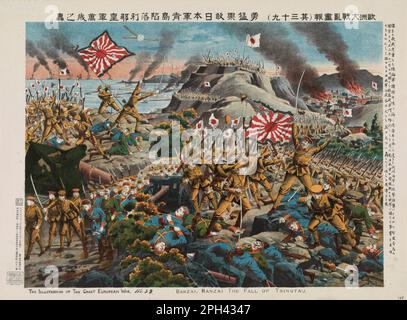 The Illustration of the Graet European War No.39. 'Banzai, banzai, the fall of Tsingtau'. Scene of Japanese soldiers attacking German soldiers at the German port of Tsingtau (also known as Tsingtao and Qingdao), China. November 1914, during WW1. Stock Photo