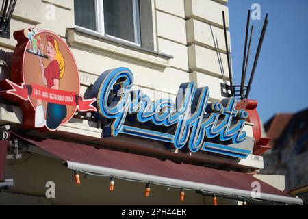 Cafe, Graffiti, Adenauerplatz, Charlottenburg, Berlin, Germany Stock Photo
