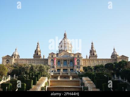 Barcelona, Spain - Feb 29, 2016: Palau Nacional (National Palace) today houses the Museu Nacional d#39;Art de Catalunya (National Art Museum of Stock Photo