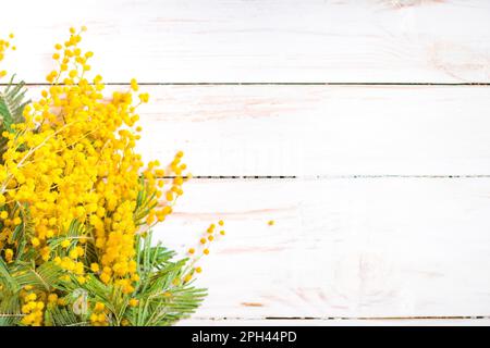 Mimosa flowers bouquet on the rustic white wooden background. Shabby chic style decoration with flowers. Selective focus. Space for text Stock Photo