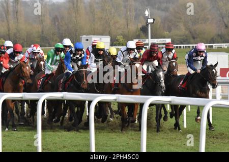 Newbury, UK. 25th Mar 2023. Crest of Glory, ridden by Aidan Coleman (pink cap), leads the field on the first lap before going on to win the 3.50 Goffs UK Spring Sale Bumperat Newbury Racecourse, UK. Credit: Paul Blake/Alamy Live News. Stock Photo