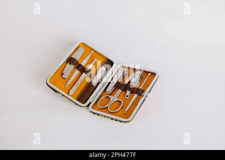 A set of nail care tools with isolated background, photos taken from different angles. Stock Photo