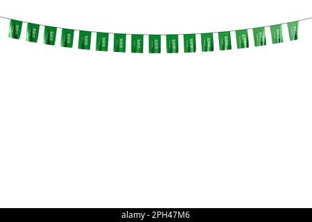 cute holiday flag 3d illustration  - many Saudi Arabia flags or banners hangs on string isolated on white Stock Photo