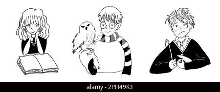 Golden Trio. Harry, Hermione and Ron. Magic vector illustration in cartoon doodle style isolated on white background. Stock Vector