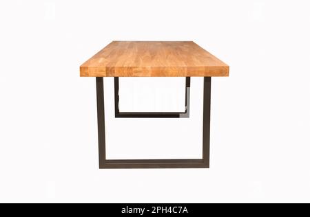 wooden table with black metal legs on white background side view Stock Photo